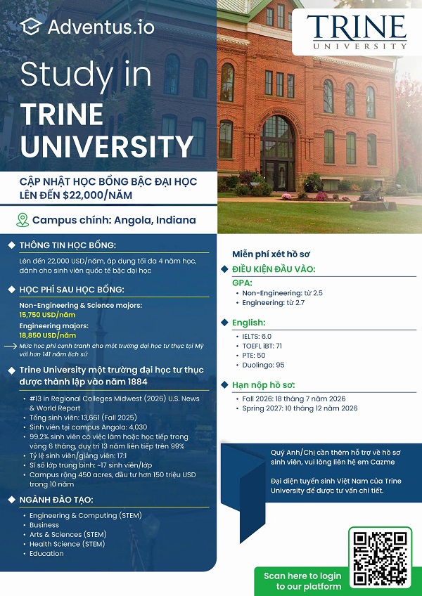 DU HỌC MỸ - TRINE UNIVERSITY – CẬP NHẬT HỌC BỔNG BẬC ĐẠI HỌC LÊN ĐẾN $22,000/NĂM